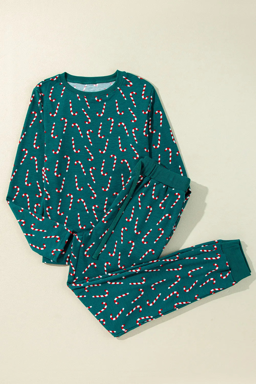 Candy Cane Print Round Neck Top and Pants Lounge Set - felvior