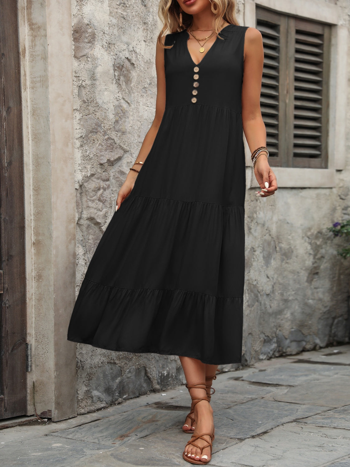 Ivy Lane Decorative Button Notched Sleeveless Dress - felvior
