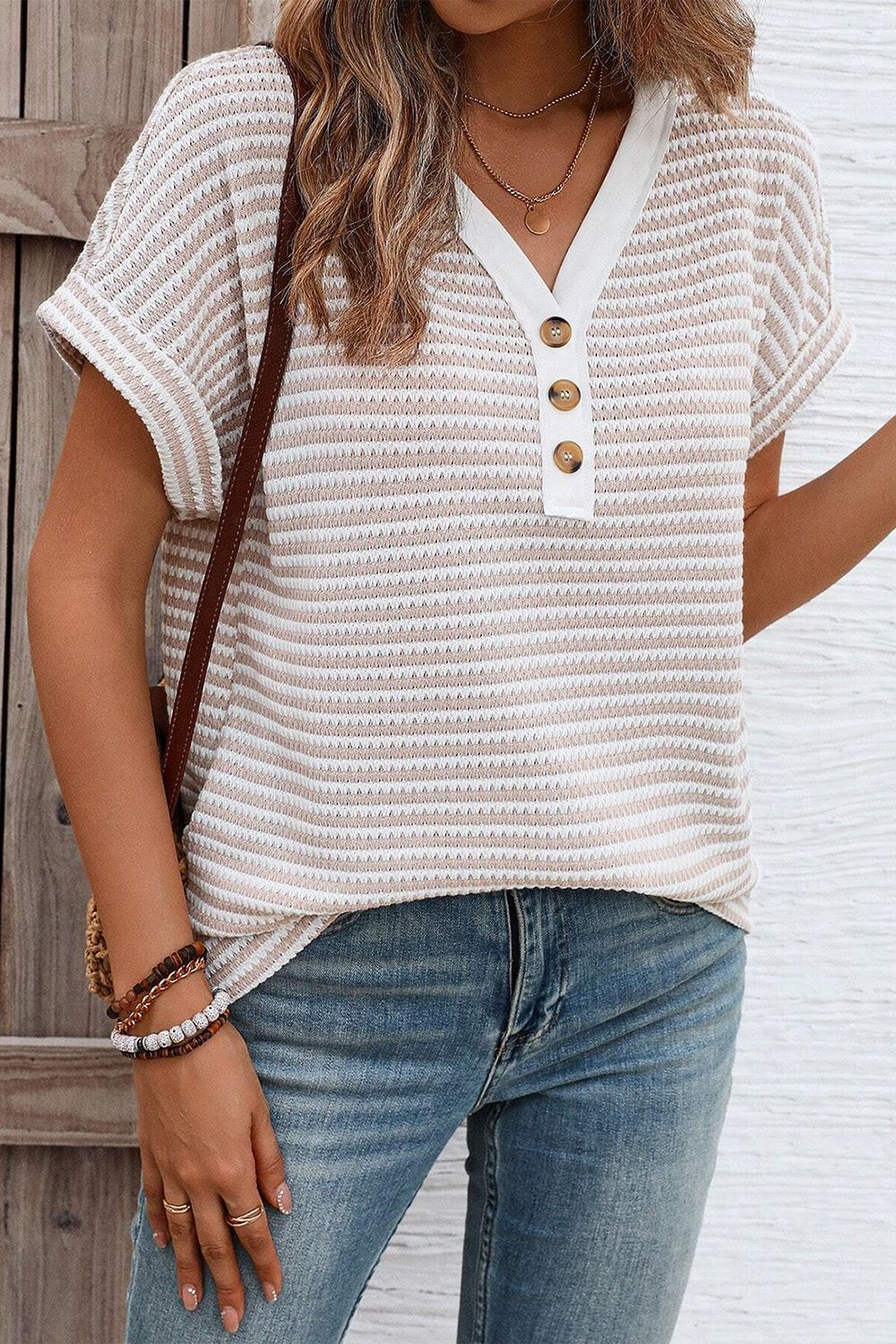 Stripe Buttoned Front V Neck T Shirt