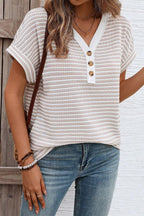 Stripe Buttoned Front V Neck T Shirt