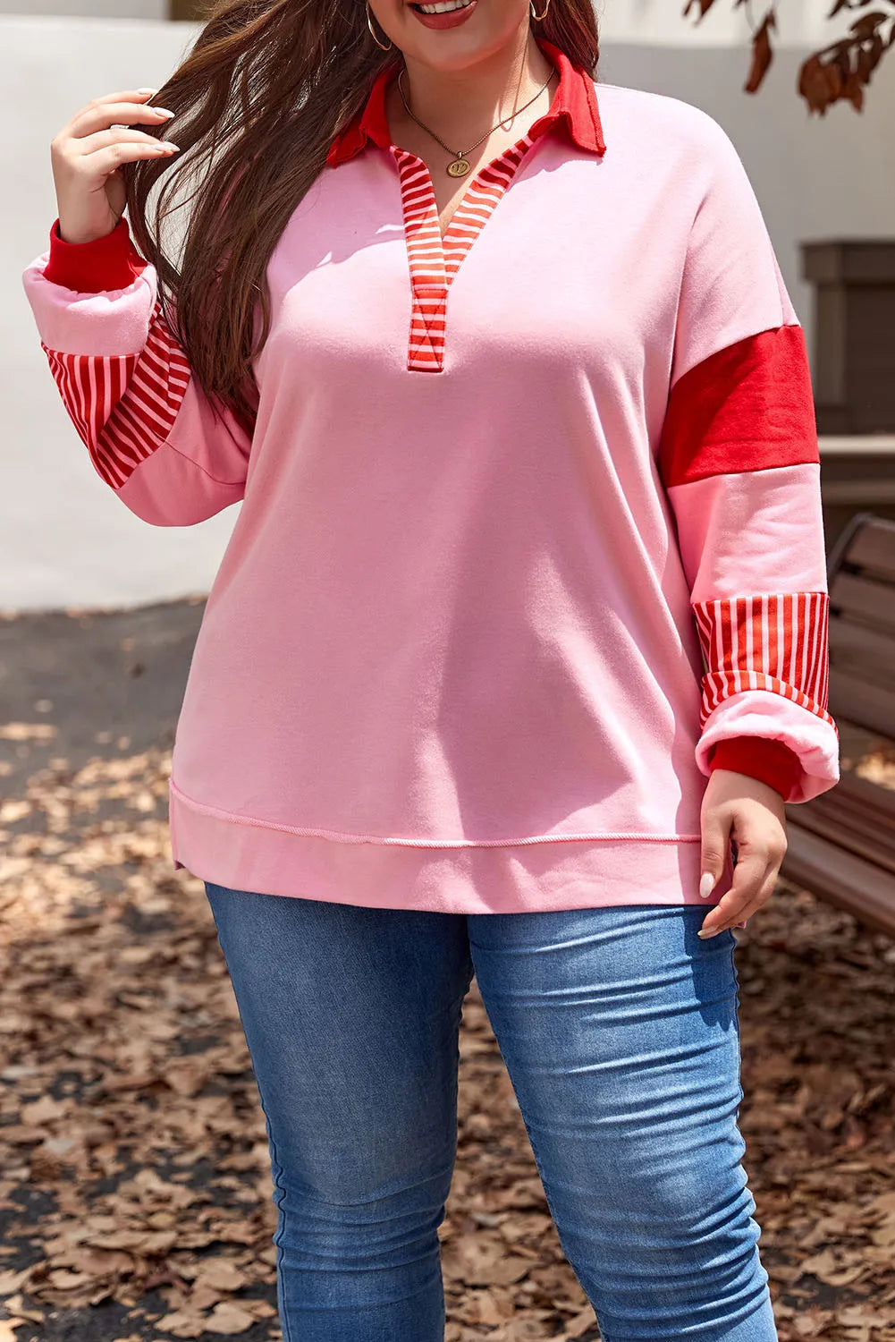 Plus Size Color Block Johnny Collar Long Sleeve Sweatshirt Main image