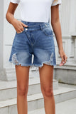 Distressed Raw Hem Asymmetric Waist Denim Shorts - felvior