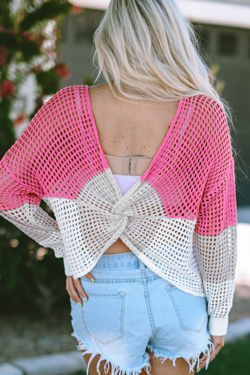 Twisted Back Round Neck Contrast Knit Cover Up