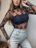 Floral Mock Neck Long Sleeve Mesh Top