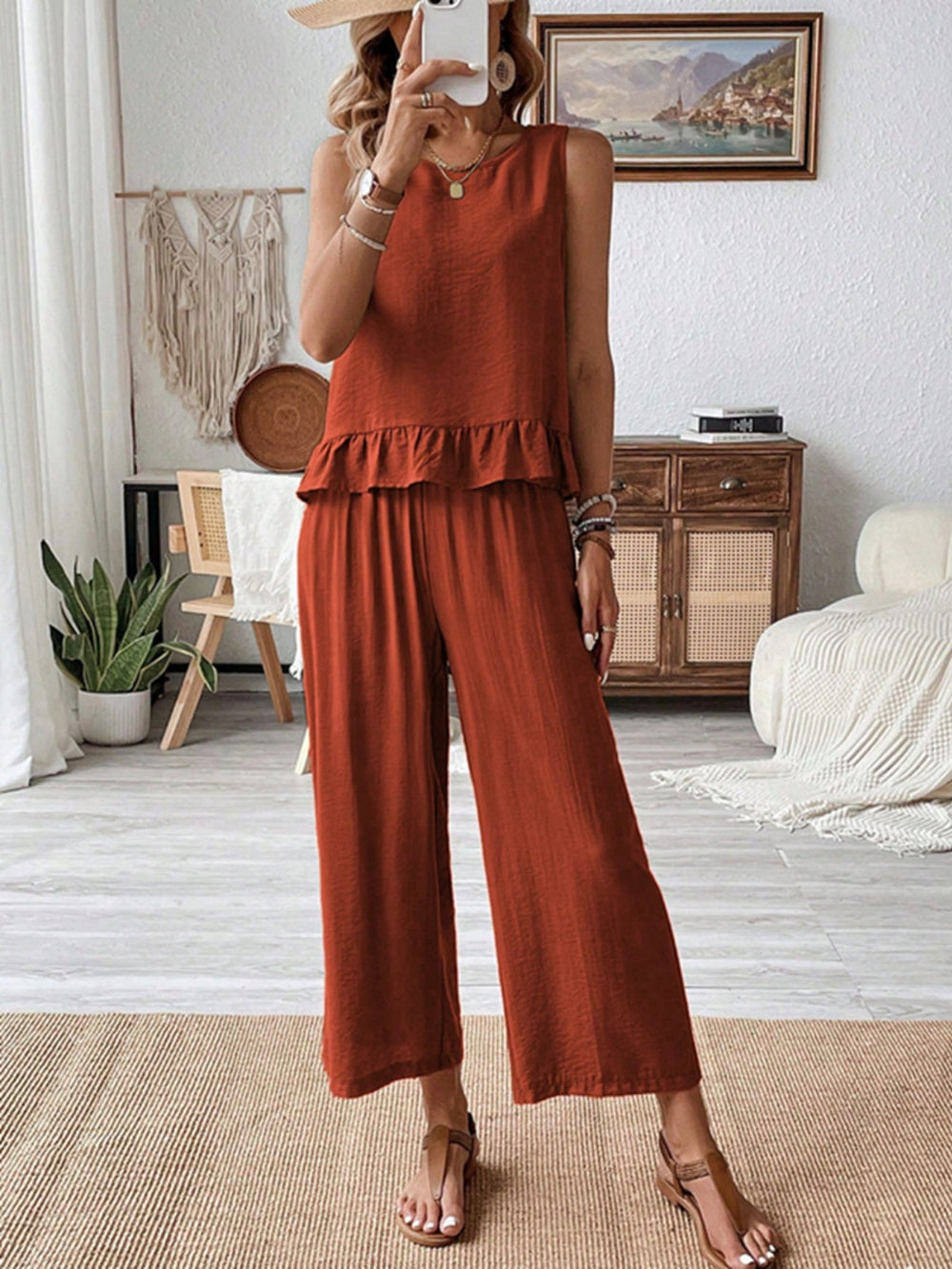 Ruffled Round Neck Top and Wide Leg Pants Set