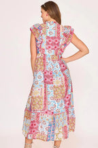 Umgee Full Size Tie Neck Double Layered Ruffle Sleeve Midi Dress Plus Size