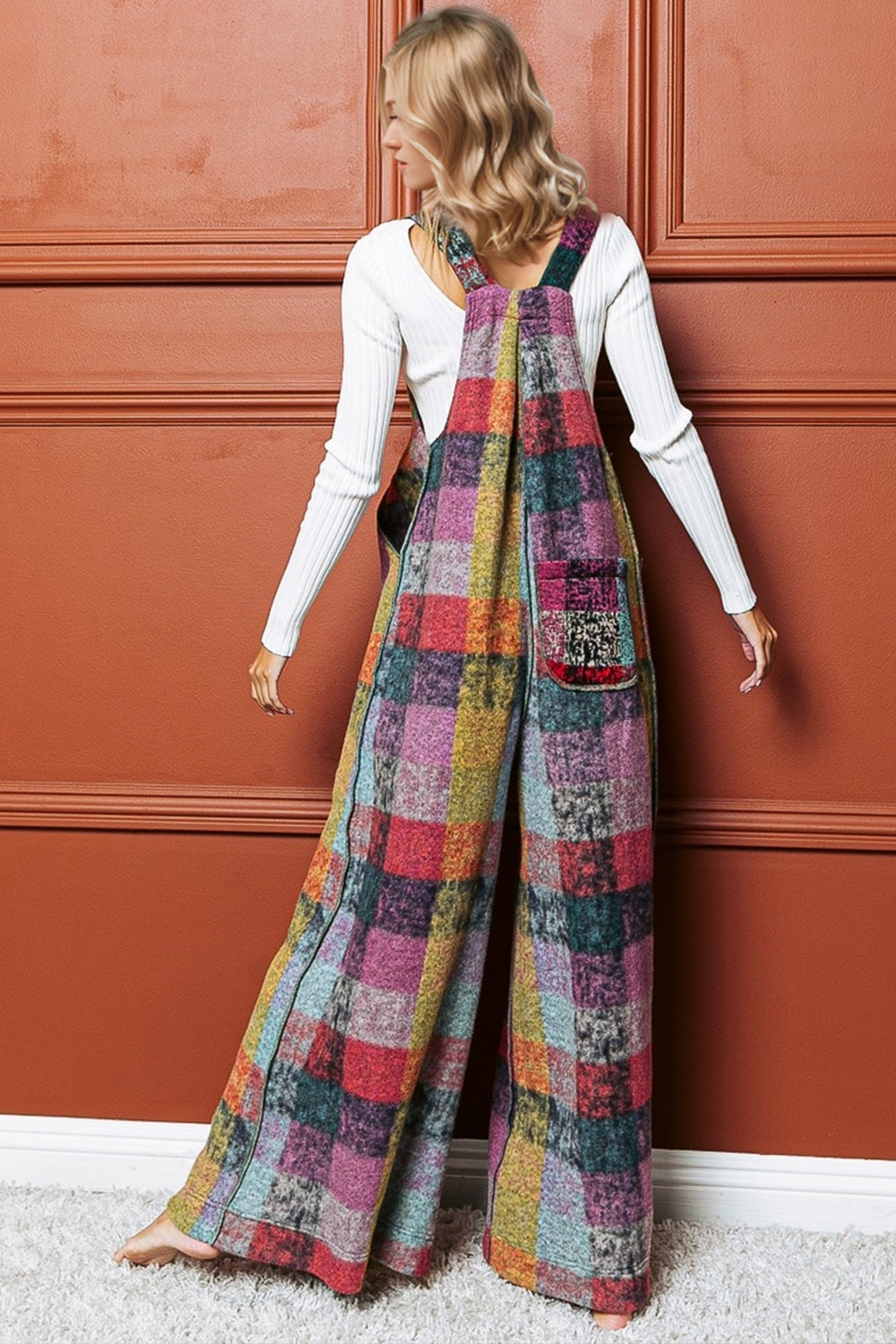 Double Take Full Size Plaid Sleeveless Fleece Wide Leg Jumpsuit - felvior