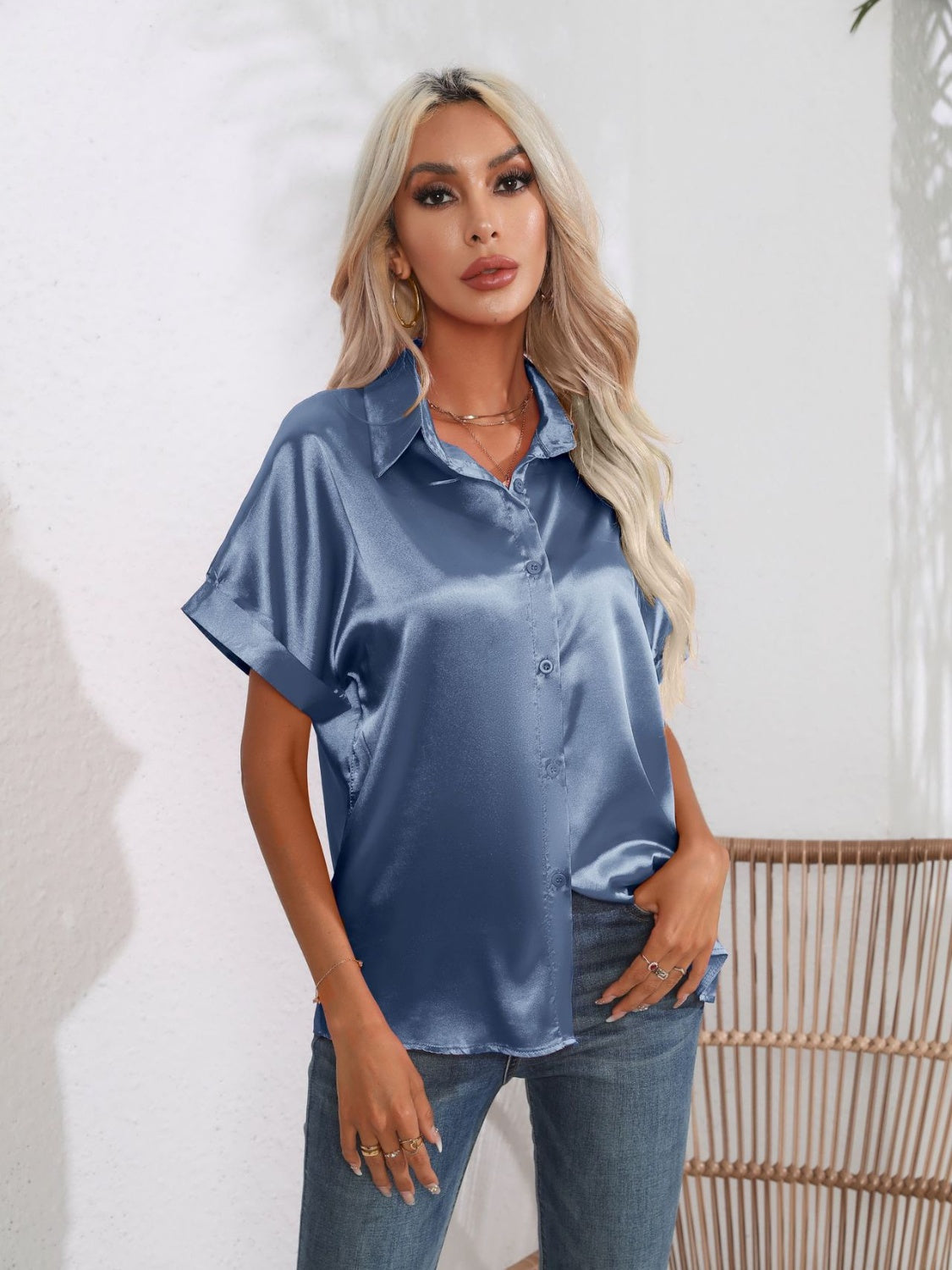 Button Down Collared Neck Short Sleeve Satin Shirt - felvior