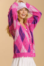 Umgee Full Size Argyle Pattern V-Neck Button Front Cardigan Plus Size