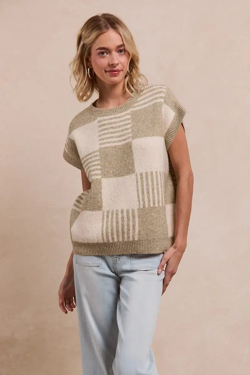 BiBi Checker With Stripes Pattern Sleeveless Sweater