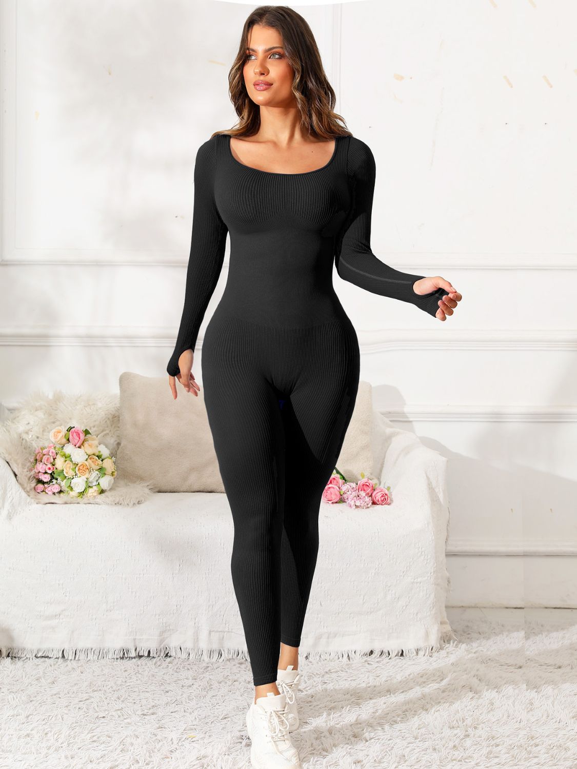Scoop Neck Long Sleeve Active Jumpsuit - felvior
