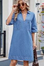 Johnny Collar Half Sleeve Denim Dress