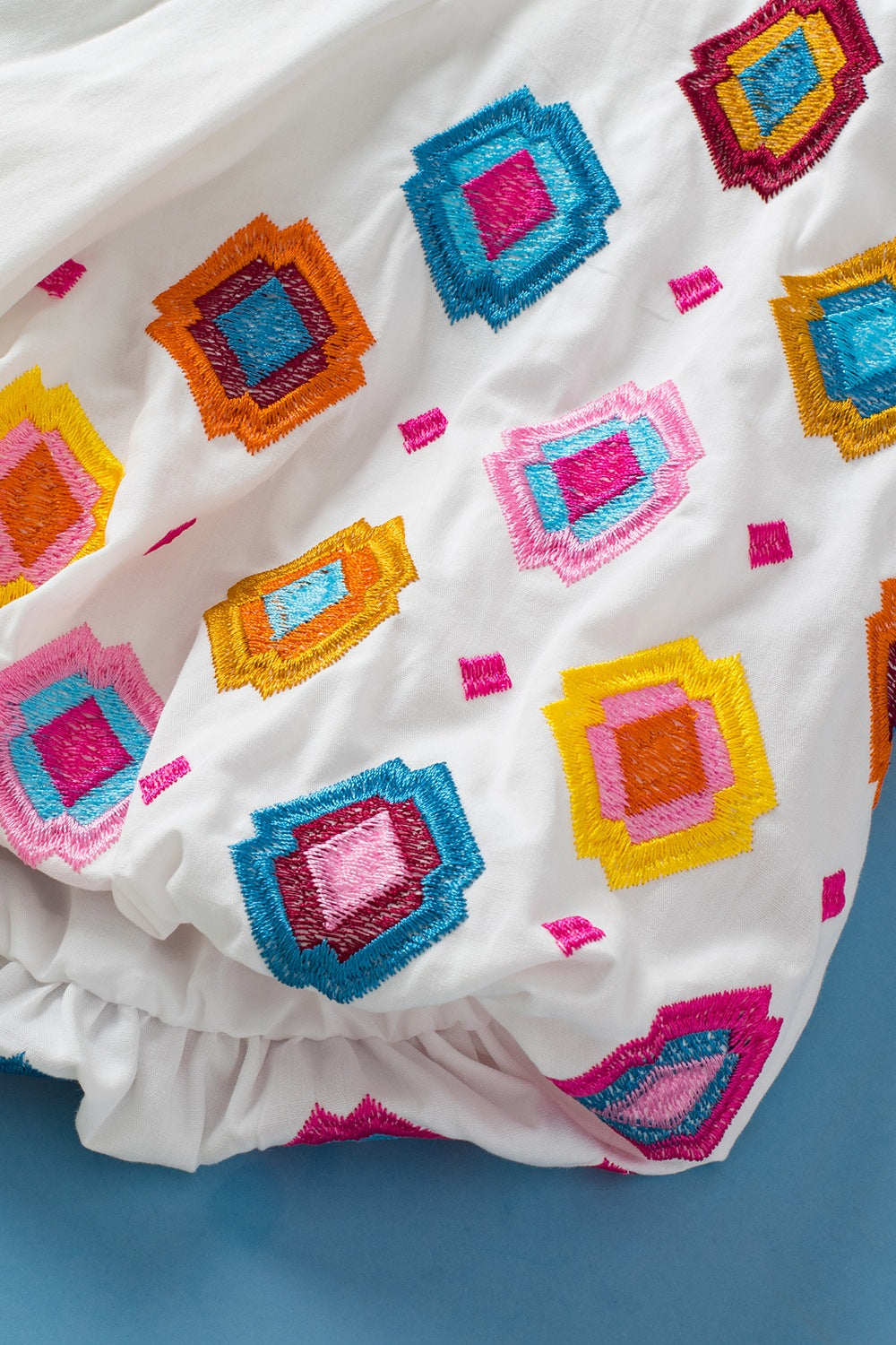 Smocked Neck Embroidered Puff Sleeve Top