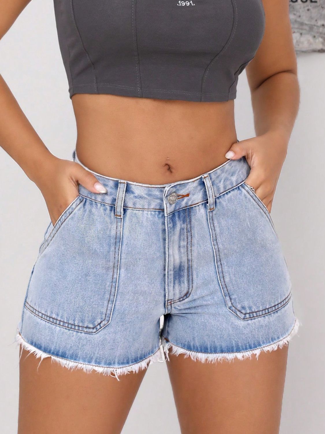 Raw Hem Pocketed Denim Shorts - felvior