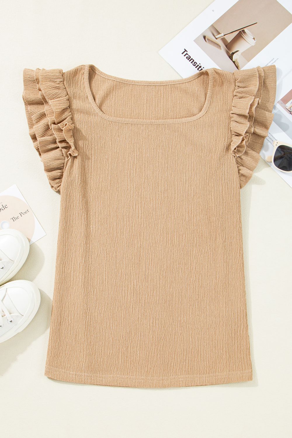 Ruffled Square Neck Textured Cap Sleeve Top - felvior