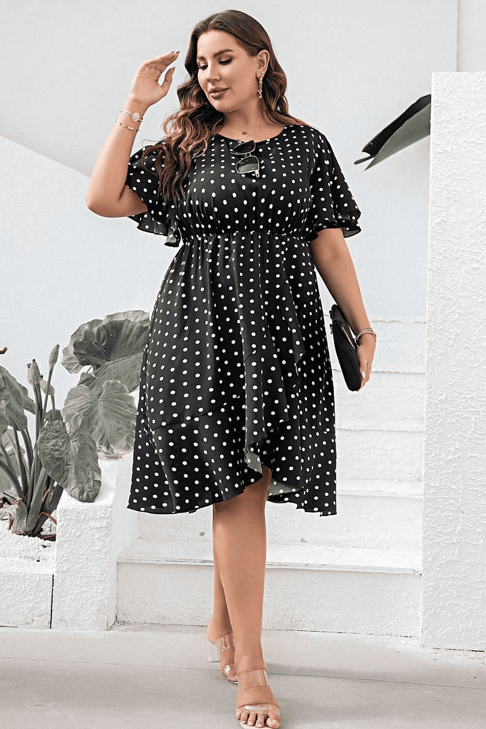 Plus Size Polka Dot Flutter Sleeve Dress - felvior