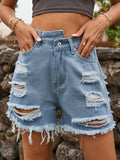 Distressed Raw Hem Denim Shorts - felvior