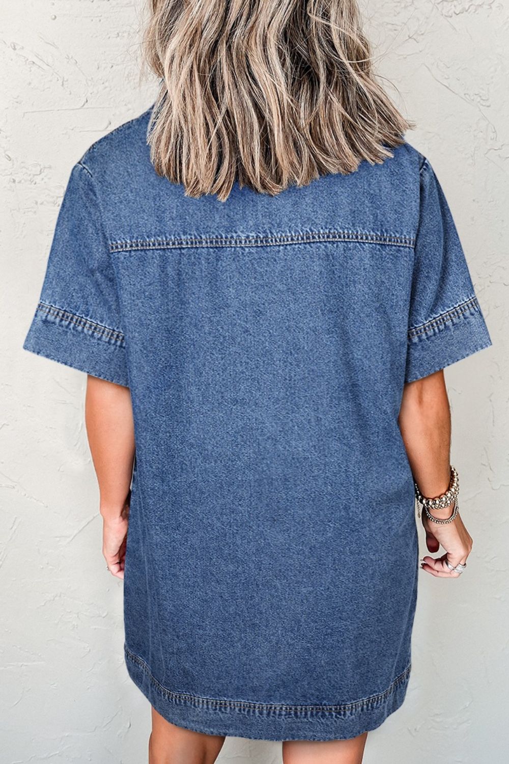 Short Sleeve Collared Patched Pocket Denim Mini Dress