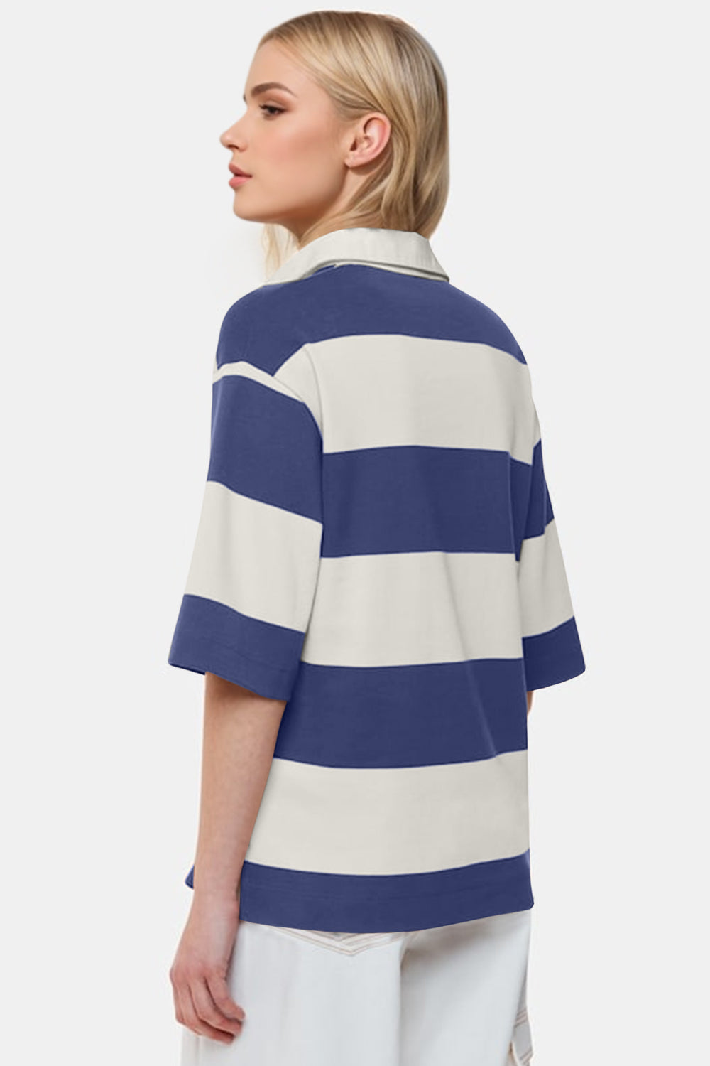 Oh Pima Cotton Wash Color Block Johnny Collar Half Sleeve Top - felvior