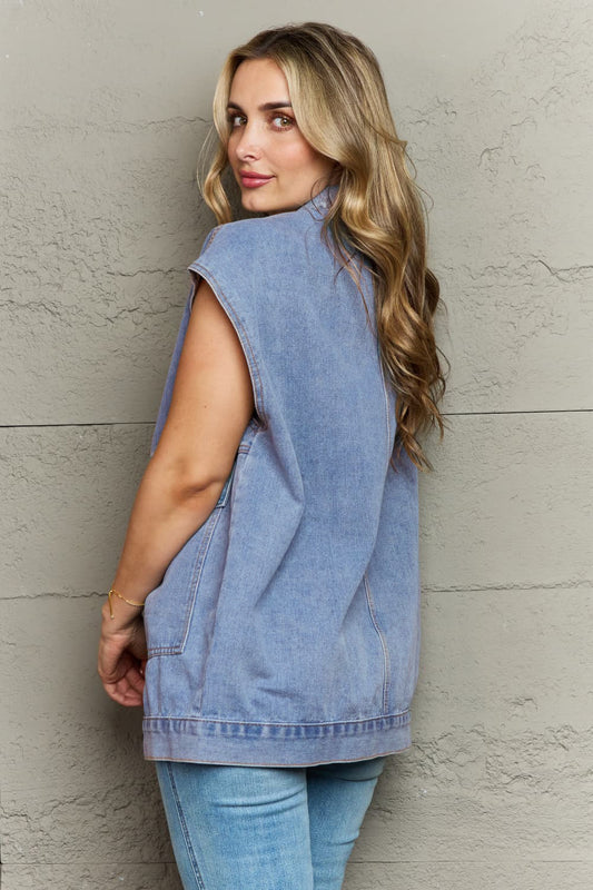 Collared Neck Sleeveless Denim Top with Pockets - felvior