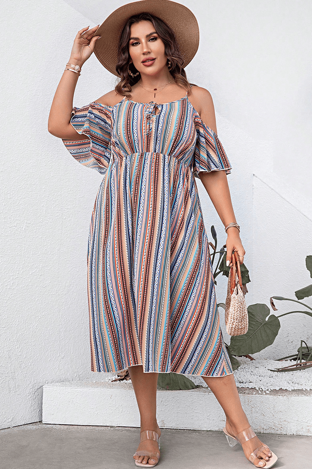 Plus Size Striped Cold-Shoulder Dress - felvior