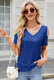 Sequin Cold Shoulder Short Sleeve Blouse - felvior
