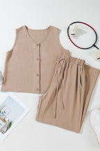 Button Down Vest and Drawstring Wide Leg Pants Set