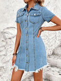 Raw Hem Button Up Short Sleeve Denim Dress - felvior