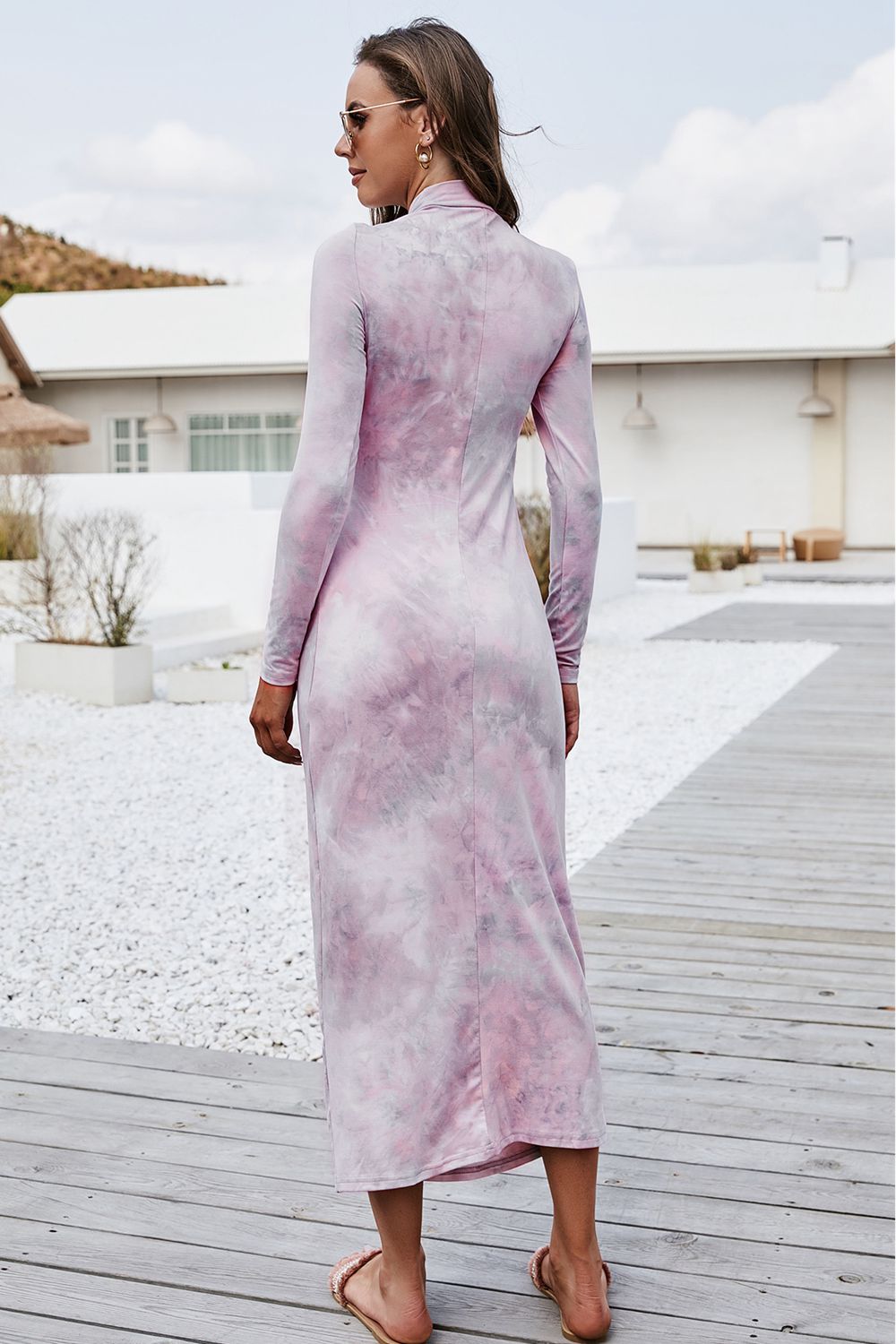 Tie Dye Mock Neck Long Sleeve Dress - felvior