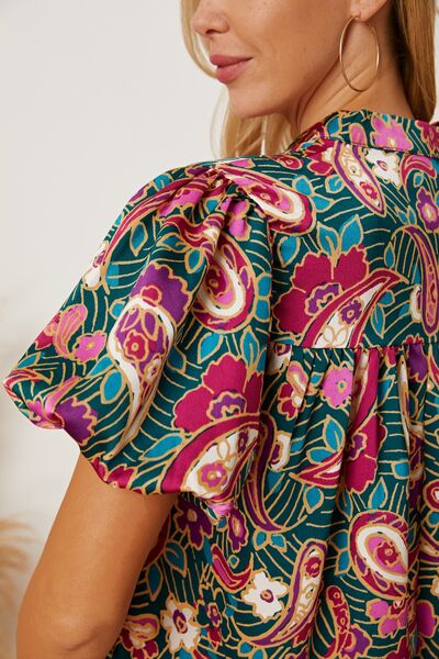 Floral Collared Neck Short Sleeve Blouse - felvior