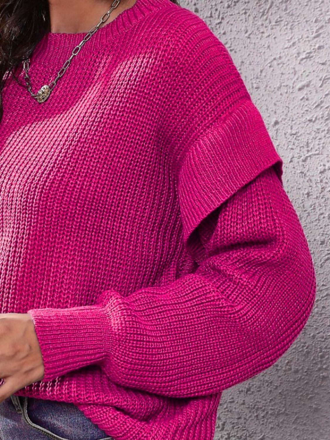 Ruffled Round Neck Dropped Shoulder Sweater - felvior