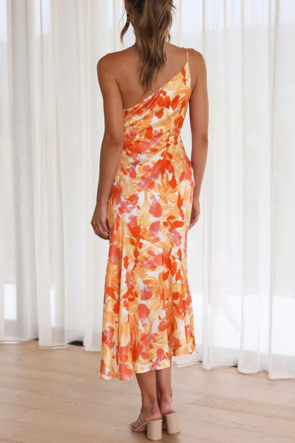 Ruched Printed Single Shoulder Midi Dress