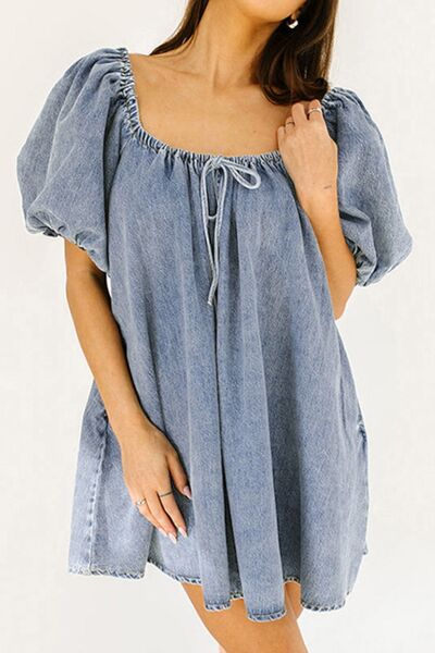 Bubble Sleeve Square Neck Denim Babydoll Dress