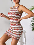 Openwork Striped Spaghetti Strap Knit Dress - felvior
