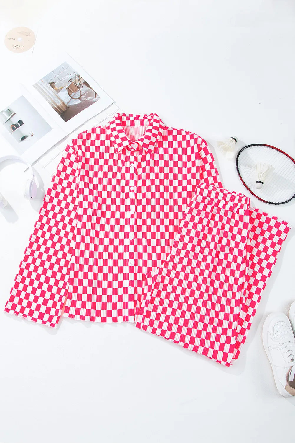 Checkered Button Up Top and Pants Lounge Set - felvior
