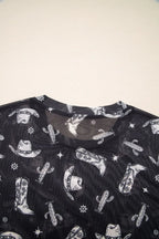 Western Pattern Mesh Sheer Crew Neck Top