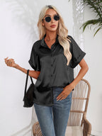Button Down Collared Neck Short Sleeve Satin Shirt