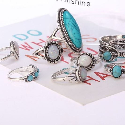 Alloy Turquoise 8-Piece Ring Set - felvior
