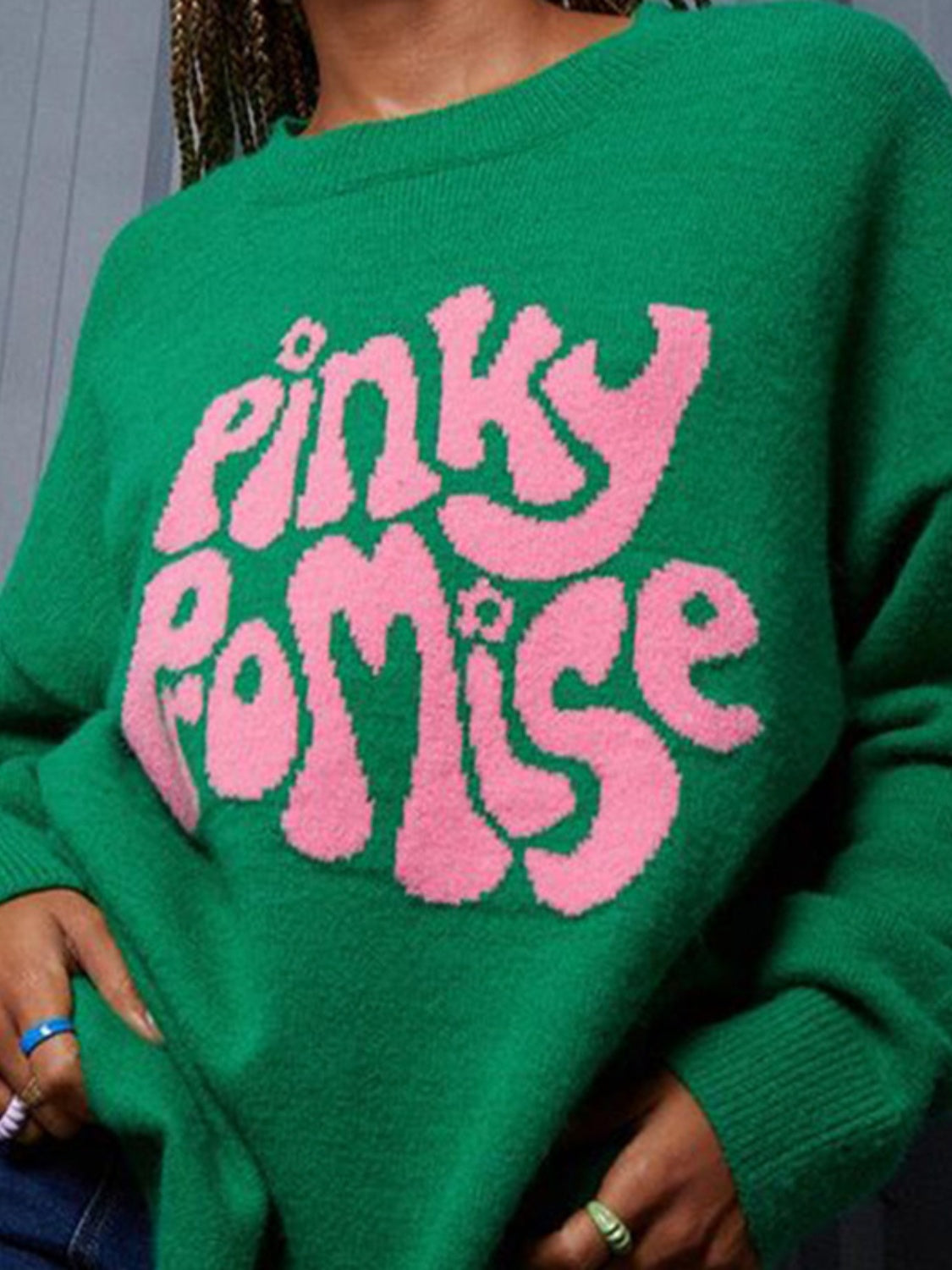 PINKY PROMISE Round Neck Drop Shoulder Sweater - felvior