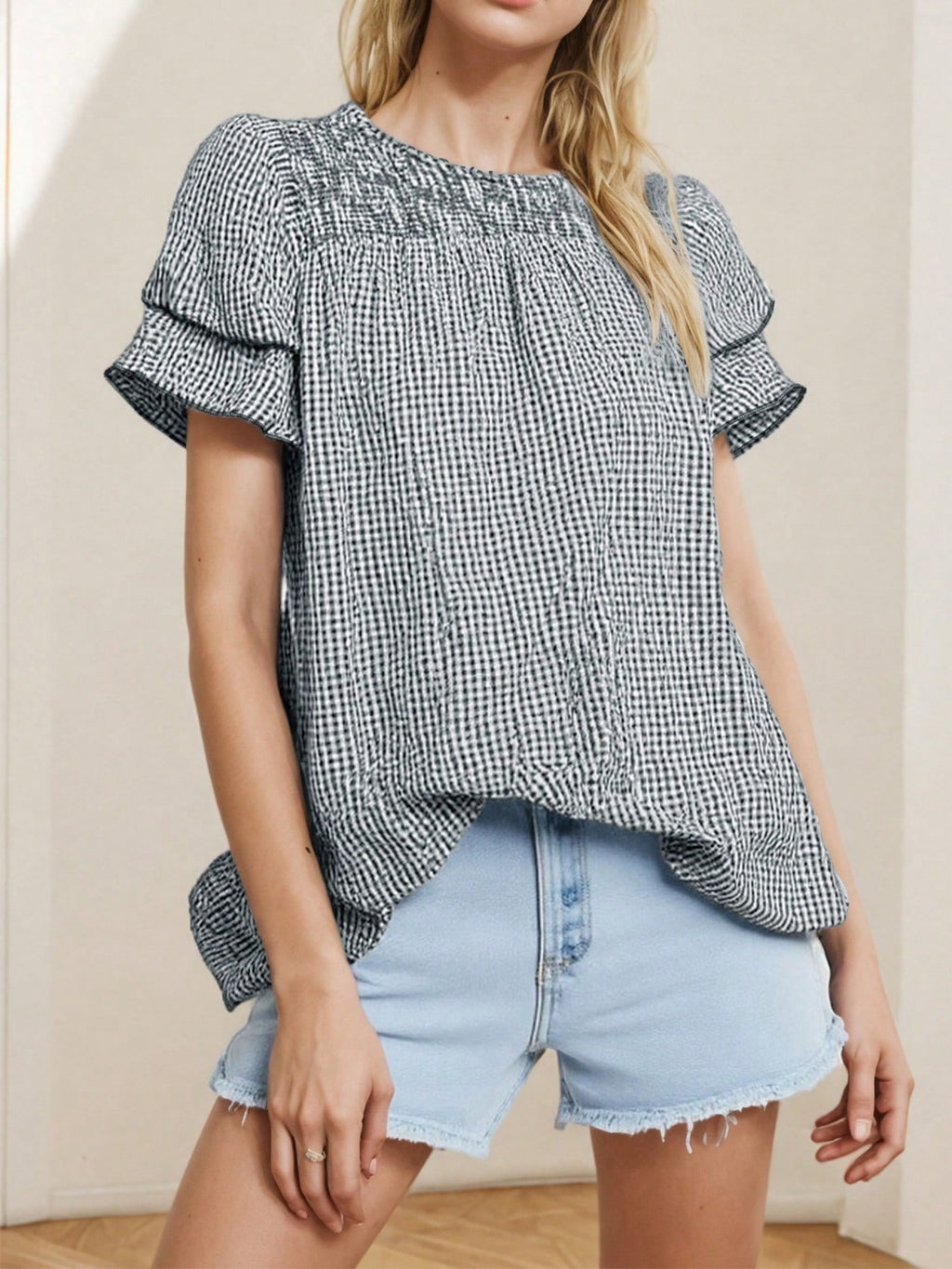Smocked Plaid Round Neck Layered Short Sleeve Blouse