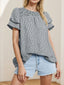 Smocked Plaid Round Neck Layered Short Sleeve Blouse