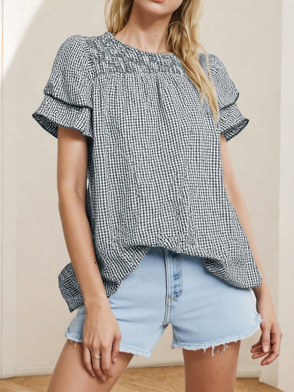 Smocked Plaid Round Neck Layered Short Sleeve Blouse - felvior