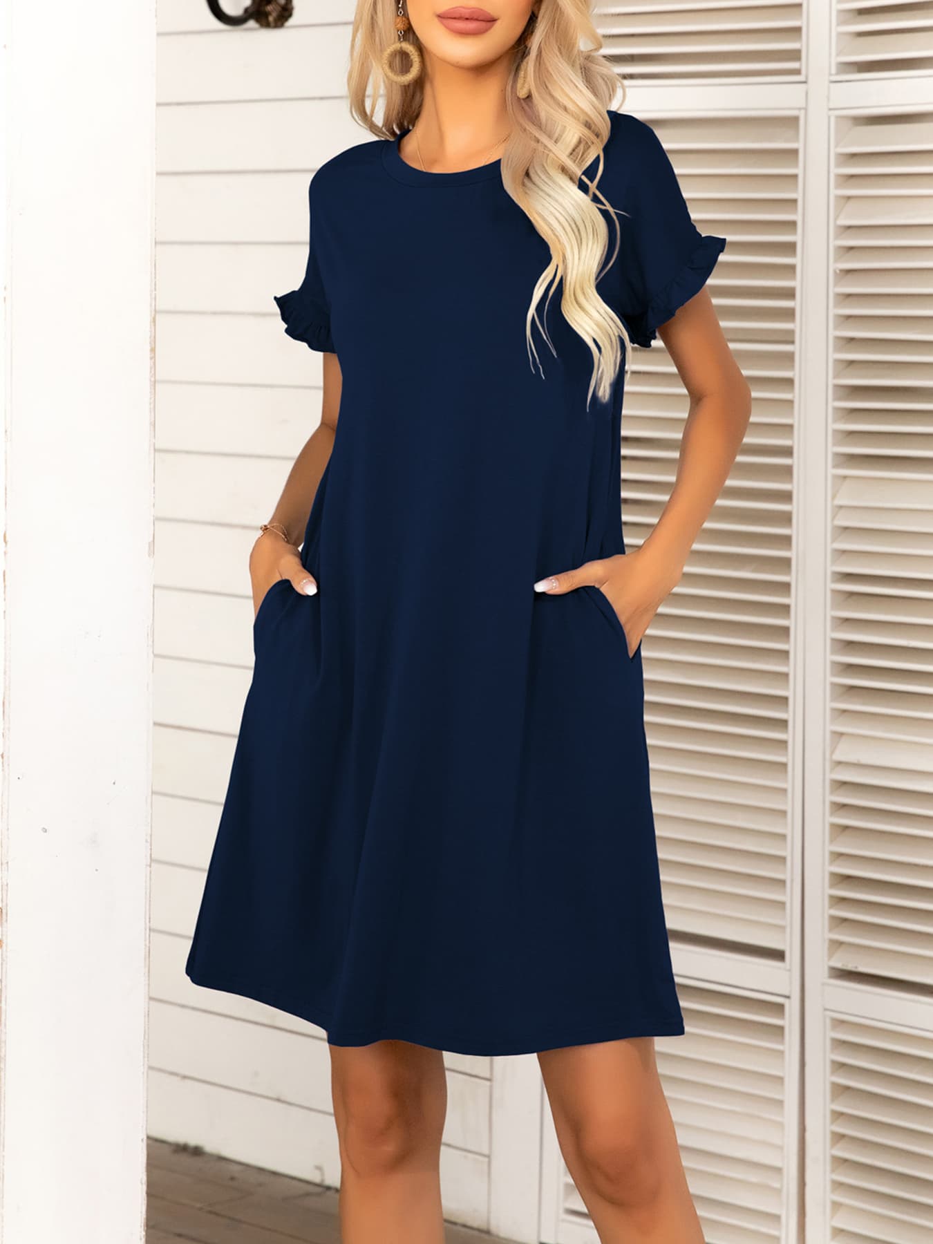 Round Neck Flounce Sleeve Dress with Pockets - felvior