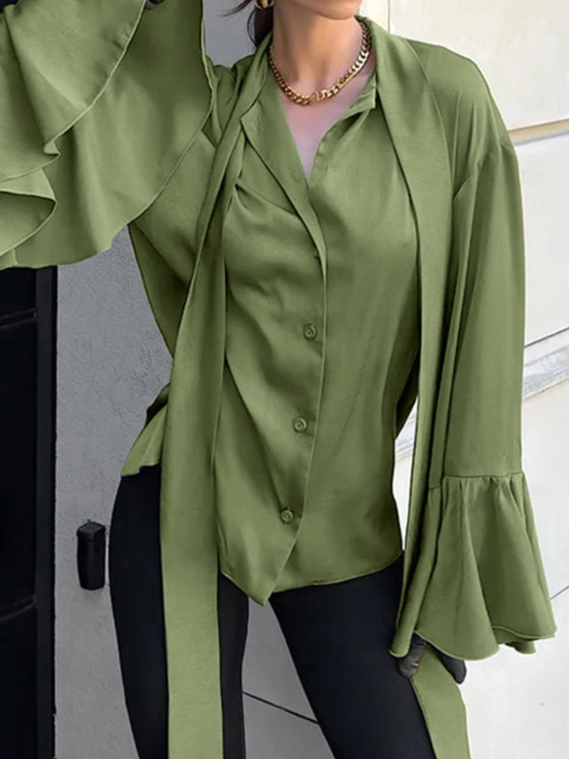 Button Down Flounce Sleeve Shirt - felvior