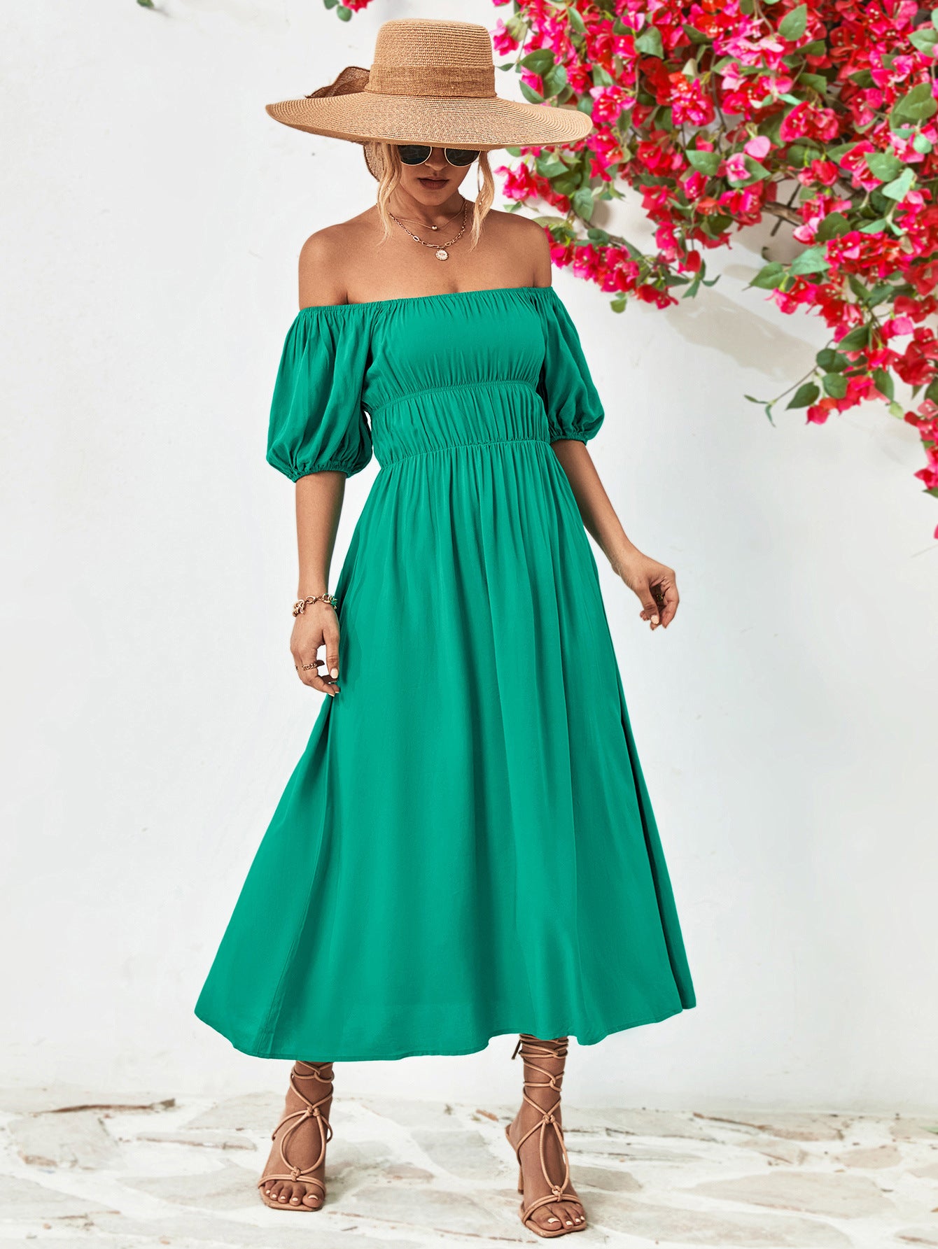Off-Shoulder Balloon Sleeve Midi Dress - felvior