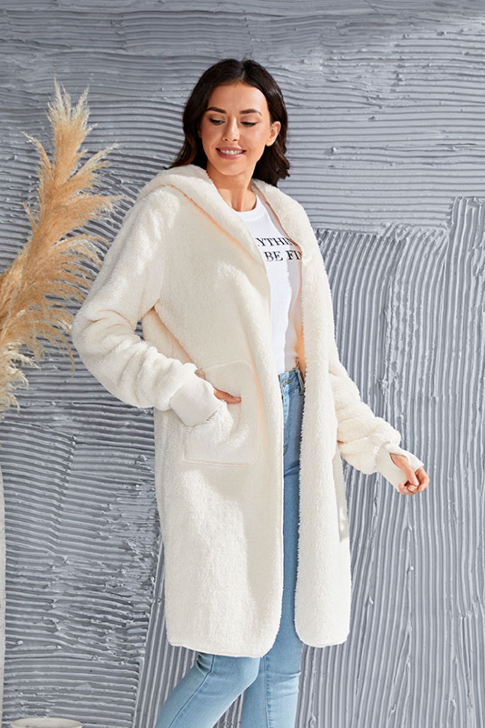Double Take Full Size Hooded Teddy Bear Jacket with Thumbholes - felvior