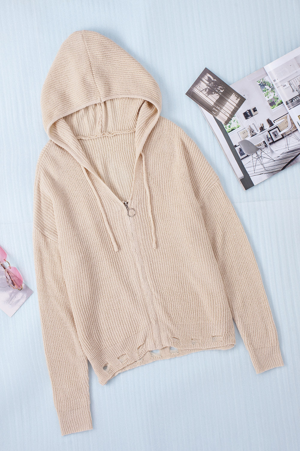 Distressed Zip Up Drawstring Hooded Cardigan - felvior