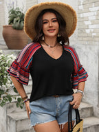 Plus Size V-Neck Flounce Sleeve Top