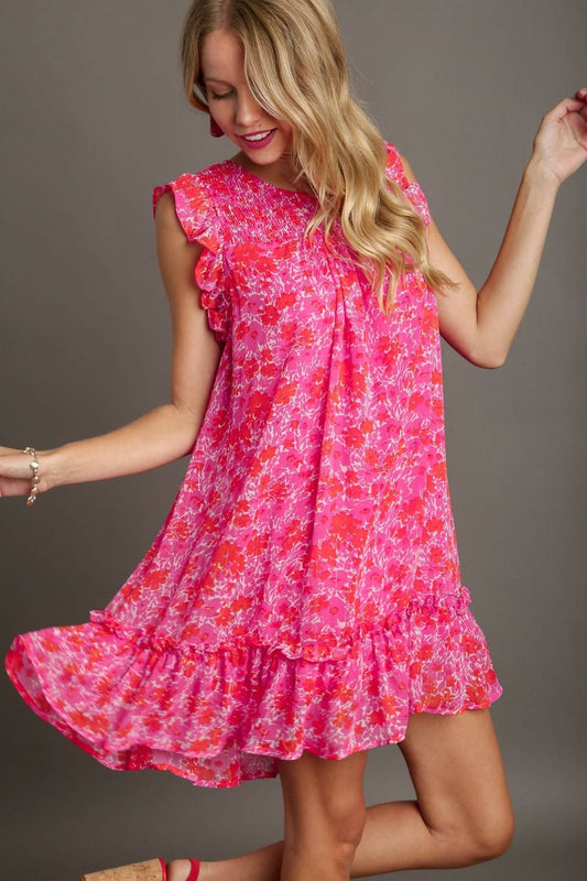 Umgee Full Size Smocked Detail Floral Metallic Ruffle Cap Sleeve Dress Plus Size - felvior