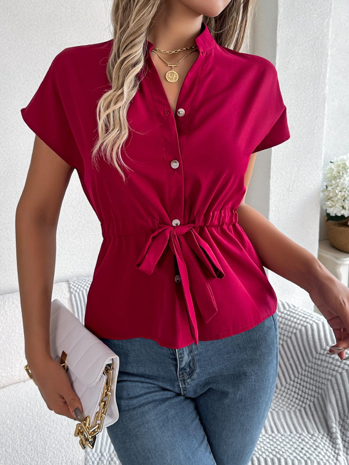 Notched Short Sleeve Blouse - felvior